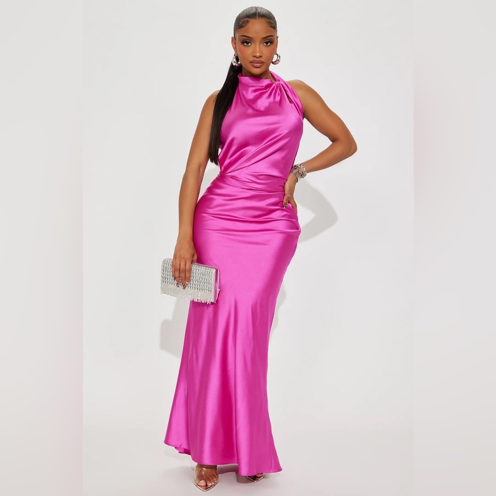 Backless Satin Maxi Dress - Fuchsia